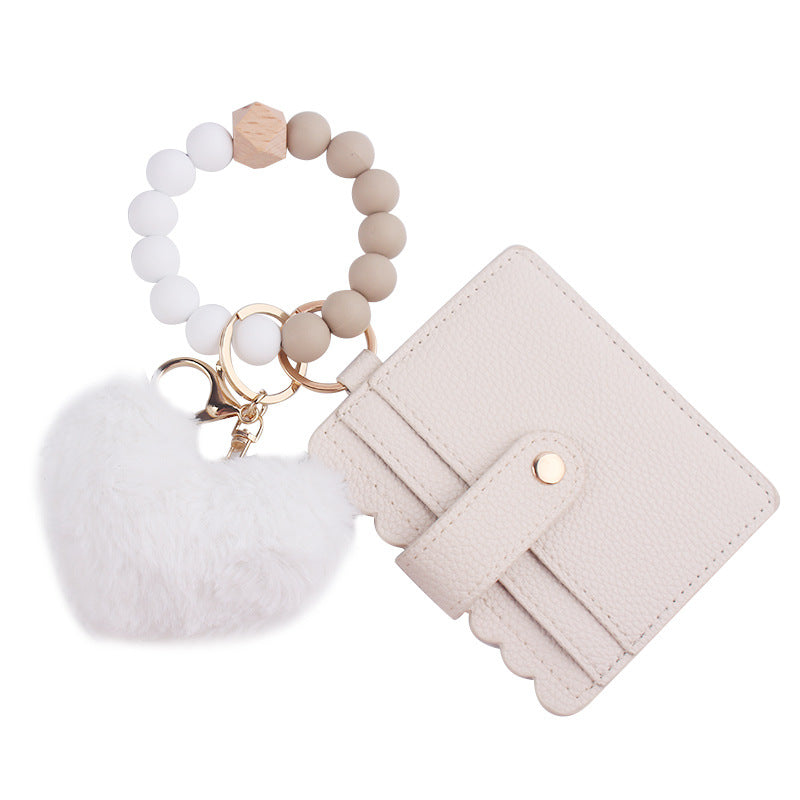 Wholesale Heart Shape Fur Ball Card Holder Silicone Beaded Wrist Keychain